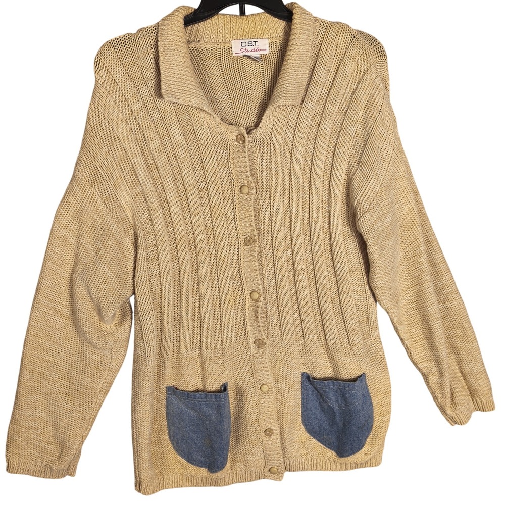 Vintage Ramie Cotton Cardigan Womens 2X Beige Cable Knit Sweater Denim Pockets